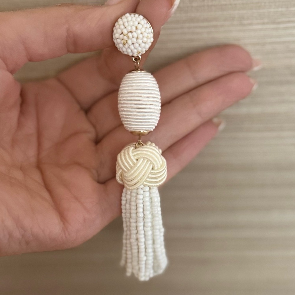 White Beaded Statement Earrings - image 2